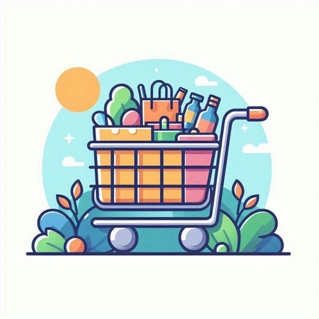 Shopping cart with food and drinks. Vector illustration in a flat styleのイラスト素材