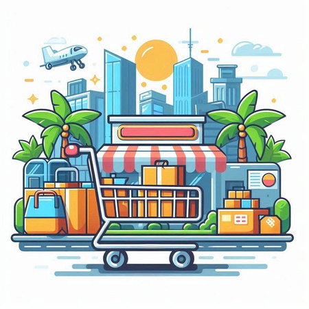 Vector illustration of a shopping cart with a store on the background of the modern city.のイラスト素材
