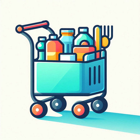 Shopping cart full of food products. Vector illustration in cartoon style.のイラスト素材