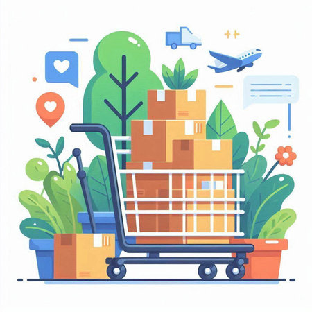Online shopping concept. Cart with boxes and packages. Vector illustration in flat styleのイラスト素材