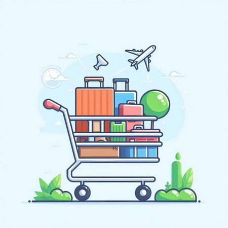 Vector illustration of trolley with luggage and plane on blue background.のイラスト素材
