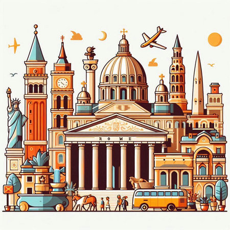 Travel to Italy. Vector illustration with famous landmarks of Rome, Italy.のイラスト素材