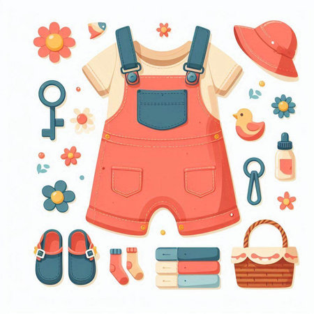 Clothes and accessories for children. Vector illustration in cartoon style.のイラスト素材