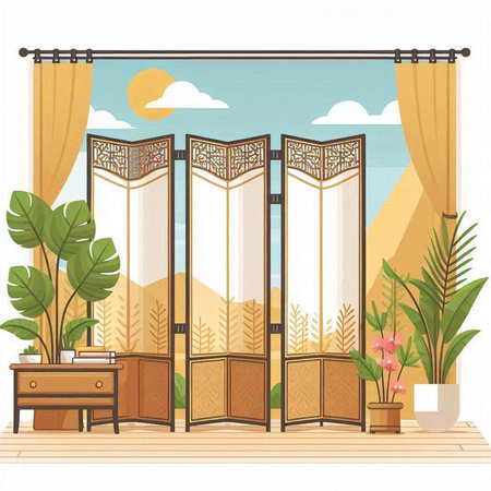 Wooden window with curtains and plants. Vector illustration in flat styleのイラスト素材