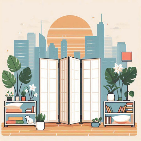 Vector illustration of a modern apartment with a large window and a bookcaseのイラスト素材