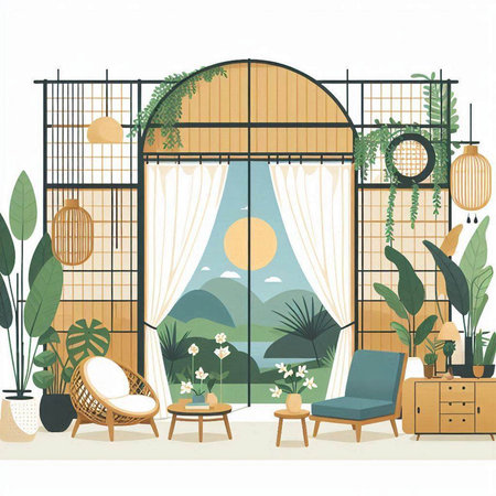 Interior of a living room with a beautiful view. Vector illustrationのイラスト素材