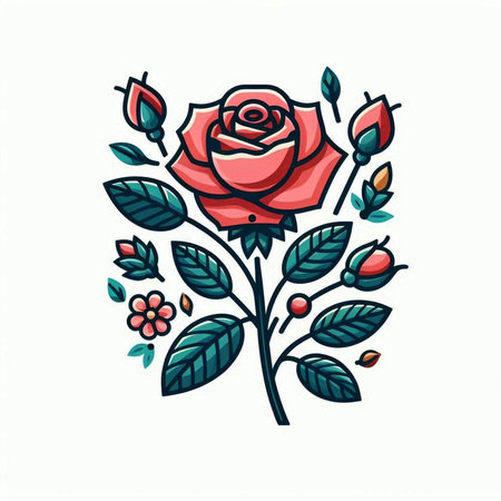 Vector illustration of red rose with green leaves isolated on white background.のイラスト素材