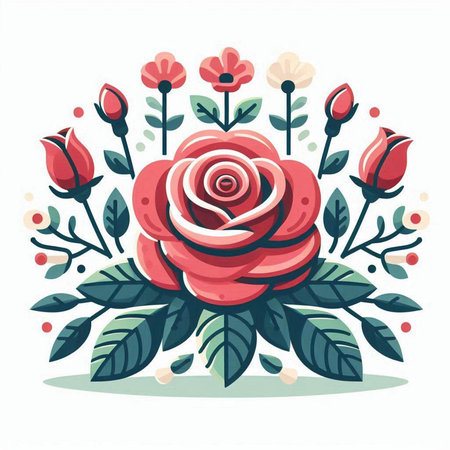 Vector illustration of a red rose with leaves and flowers on a white background.のイラスト素材