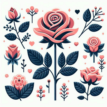 Set of beautiful flowers and leaves in vintage style. Vector illustration.のイラスト素材