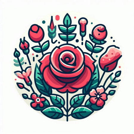 Floral round composition with red rose and flowers. Vector illustration.のイラスト素材