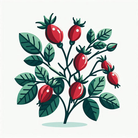 Illustration of a rosehip branch with berries and leaves on a white backgroundのイラスト素材