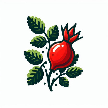Red rosehip with green leaves isolated on white background. Vector illustration.のイラスト素材