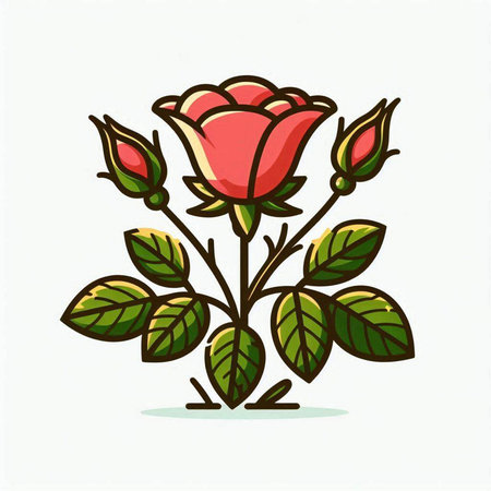 Beautiful red rose with green leaves isolated on white background. Vector illustration.のイラスト素材