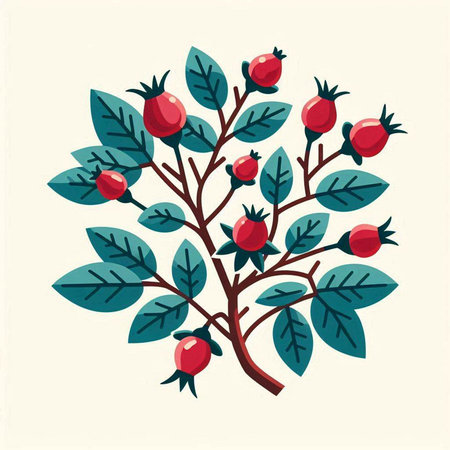 Rosehip branch with berries and leaves. Vector illustration in flat style.のイラスト素材