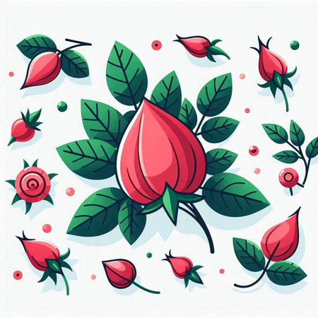 Vector illustration of rose flowers, leaves and berries. Isolated on white background.のイラスト素材