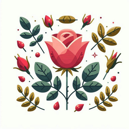 Hand drawn vector illustration of a rose flower with leaves and berries.のイラスト素材