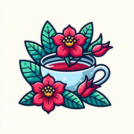 Cup of tea with red flowers and leaves. Vector illustration.のイラスト素材