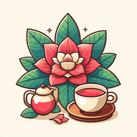 Cup of tea with red flower and teapot. Vector illustration.のイラスト素材