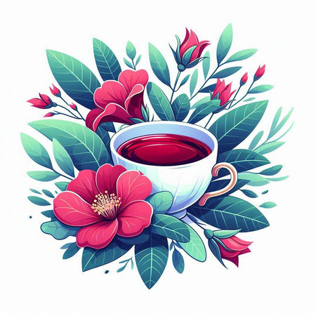 Cup of tea with hibiscus flowers. Vector illustration.のイラスト素材