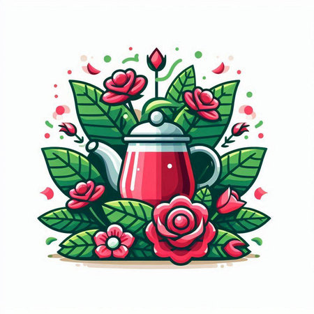 Cup of tea with roses and leaves. Vector illustration for your designのイラスト素材