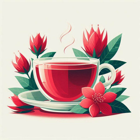 Cup of tea with red flowers and green leaves. Vector illustration.のイラスト素材