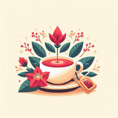 Cup of tea with red flower and leaves. Vector illustration.のイラスト素材