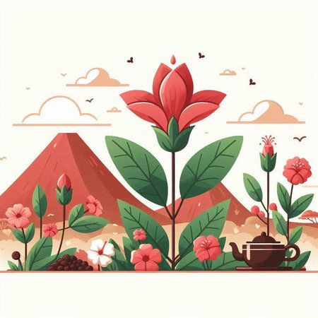 Flower and mountain landscape. Vector illustration in flat cartoon style.のイラスト素材