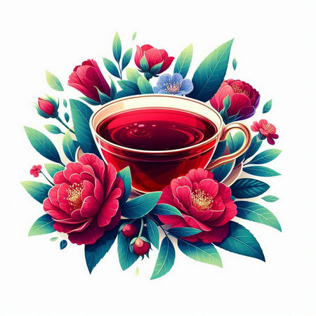 Cup of tea with red flowers and leaves. Vector illustration.のイラスト素材
