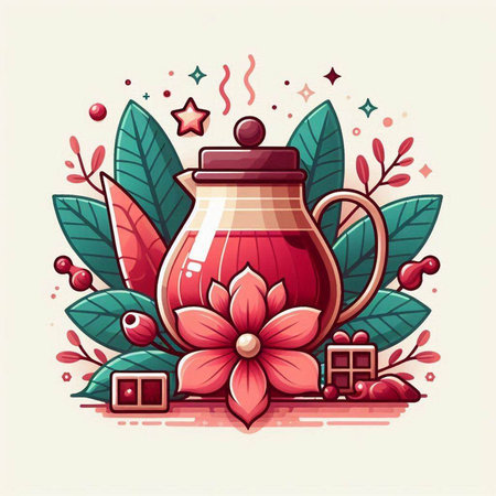 Cup of hot tea with flowers and leaves. Vector illustration.のイラスト素材