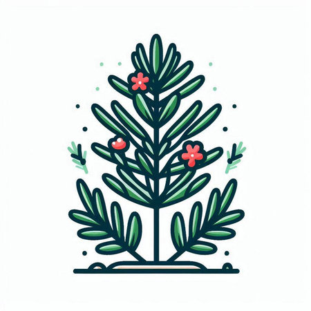 Cute christmas tree with red flowers. Vector illustration in doodle style.のイラスト素材