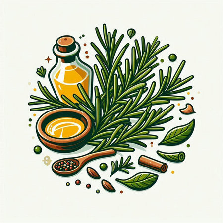 Herbs and spices. Vector illustration of rosemary, olive oil, cinnamon, cloves, cardamom.のイラスト素材