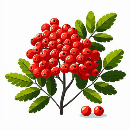 Red rowan berries on a branch with green leaves. Vector illustration.のイラスト素材