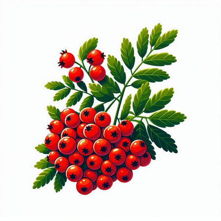 Red rowan berries on a branch with green leaves. Vector illustration.のイラスト素材
