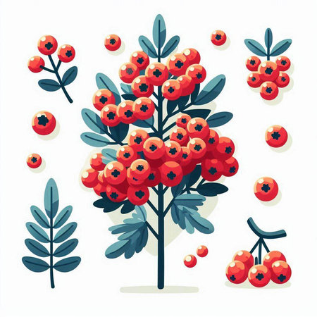 Set of red rowan berries and leaves. Vector illustration in flat style.のイラスト素材