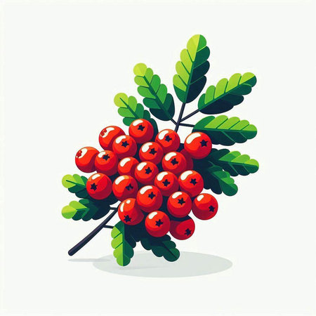 Red rowan berries on a branch with green leaves. Vector illustration.のイラスト素材