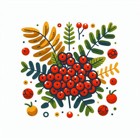 Hand drawn vector illustration with rowan berries, leaves and berries.のイラスト素材