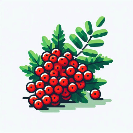 Bunch of rowan berries with green leaves. Vector illustration.のイラスト素材