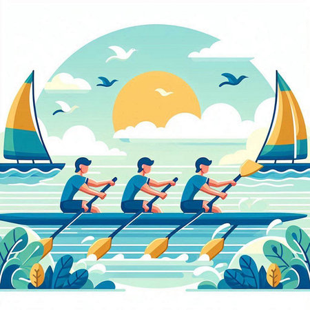 Group of men rowing on the river. Flat style vector illustration.のイラスト素材