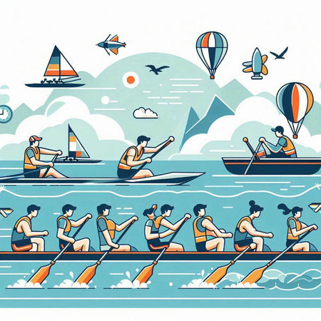 Hand drawn vector illustration of people rowing on boat. Cartoon style.のイラスト素材