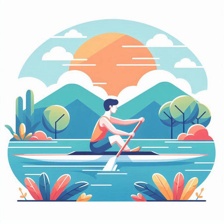 Man in a kayak on the river. Flat style vector illustration.のイラスト素材