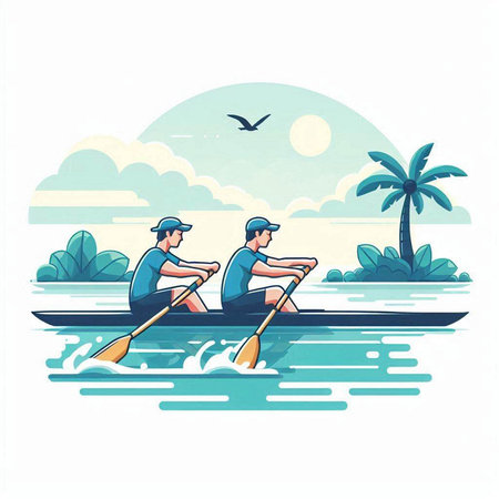 Two men rowing on the sea. Flat style vector illustration.のイラスト素材