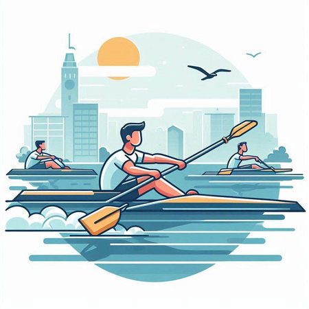 Kayaking in the city. Canoeing. Vector illustration.のイラスト素材
