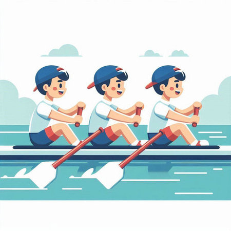 Two boys rowing on the river. Flat design vector illustration.のイラスト素材
