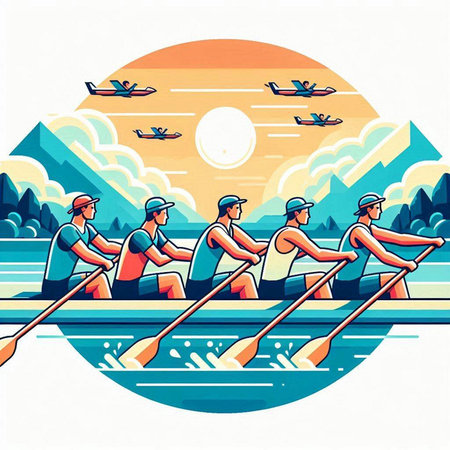 Group of men rowing in the lake. Vector illustration in flat styleのイラスト素材