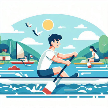 Man rowing on the river. Vector illustration in flat style.のイラスト素材
