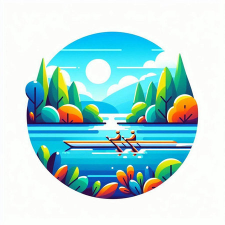 Summer landscape with lake, trees and mountains. Vector illustration in flat style.のイラスト素材