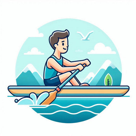 Man rowing on a boat in the sea. Vector illustration.のイラスト素材
