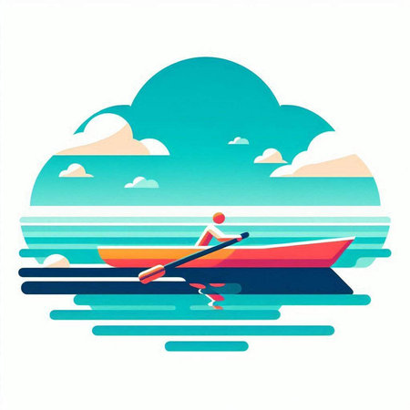 Man rowing a boat on the sea. Flat vector illustration.のイラスト素材