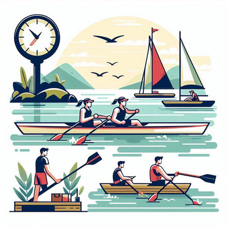 People rowing on the river. Vector illustration in flat style.のイラスト素材