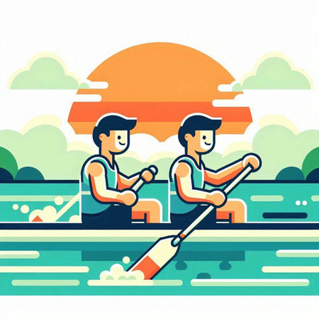 Two men rowing on the river. Vector illustration in flat styleのイラスト素材